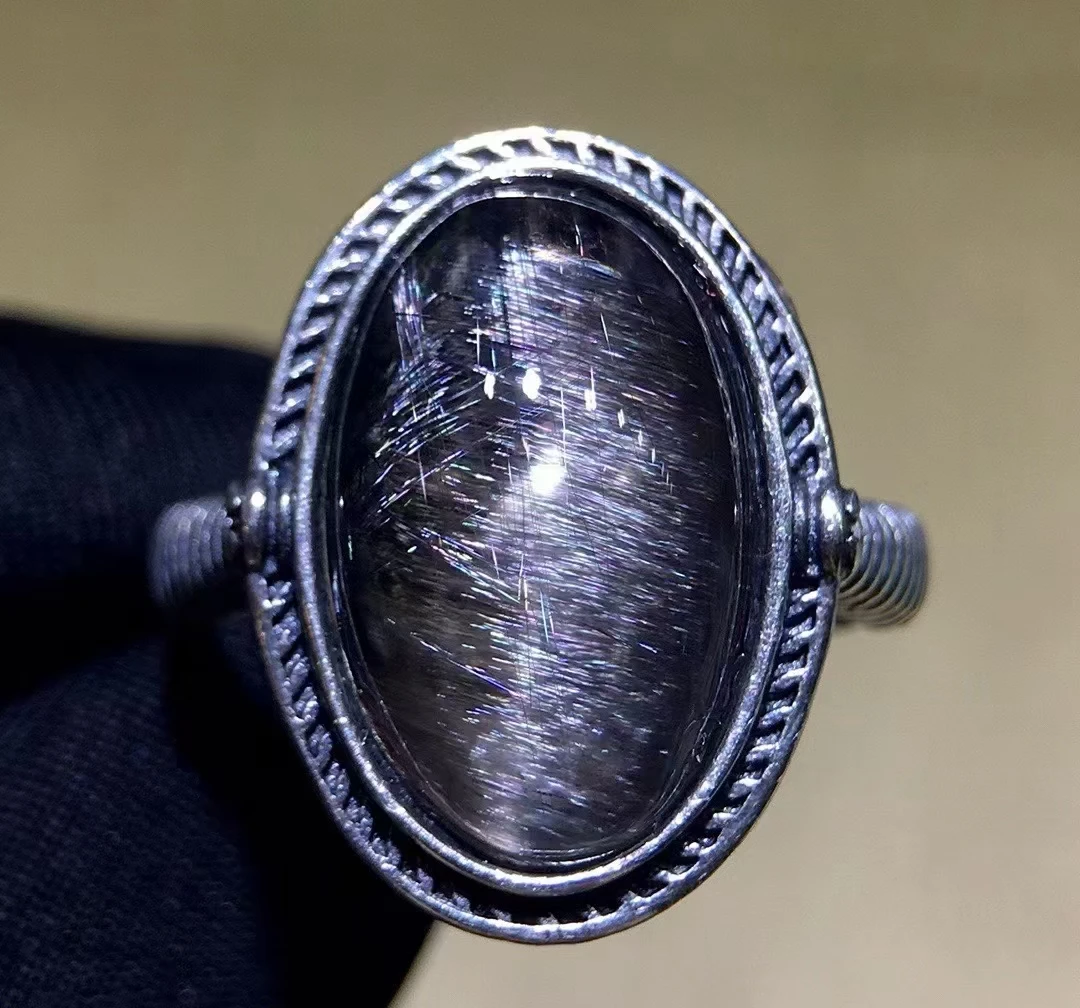 Natural Black Brookite Platinum Rutilated Quartz Ring 925 Sterling Silver 17.5/11.5/7mm Woman Men Water Drop Lucky AAAAA