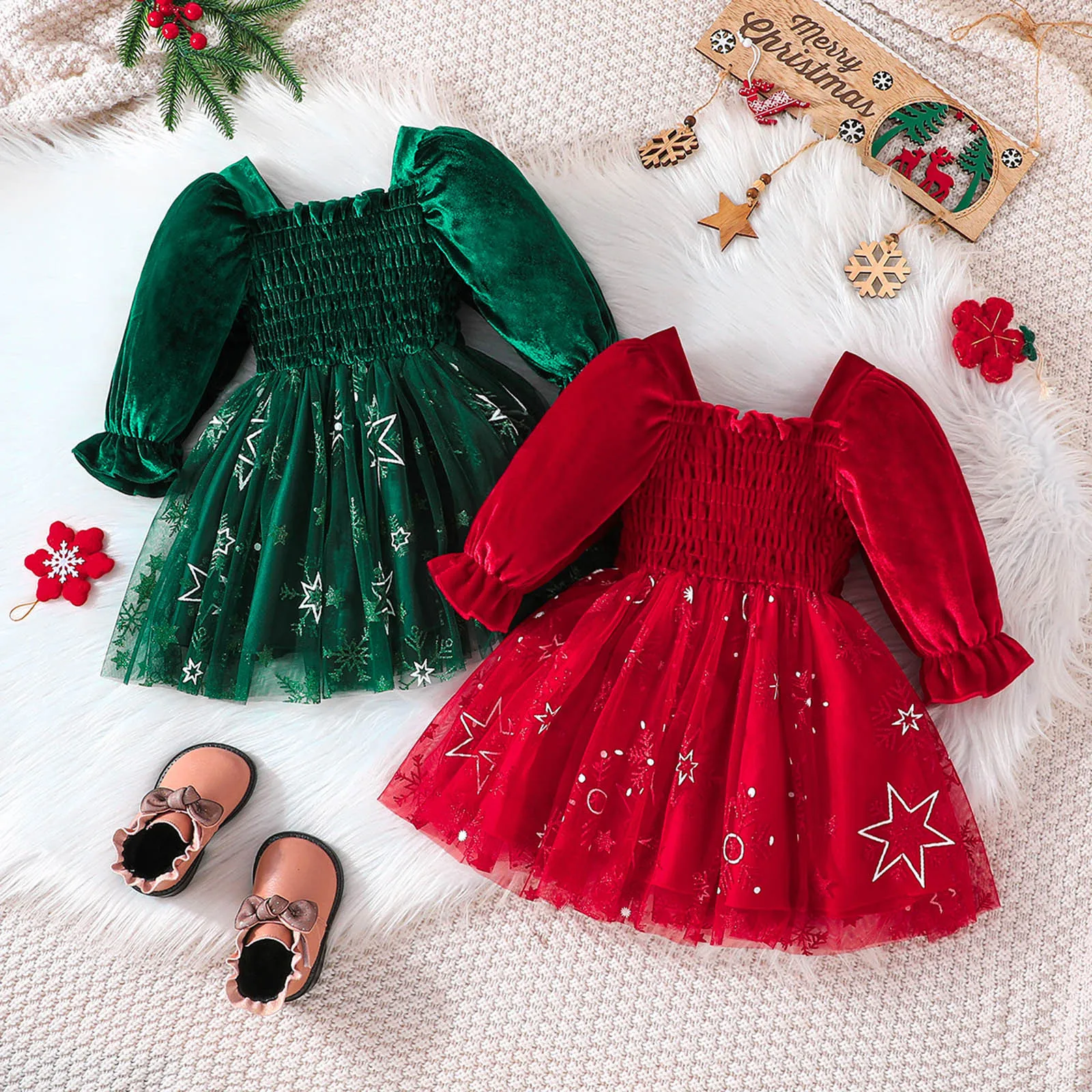 1 2 3 4 5 Years Toddler Children Girls Christmas Dress Fall Winter Long Sleeve Star Prints Dresses Tulle Dress Christmas Clothes