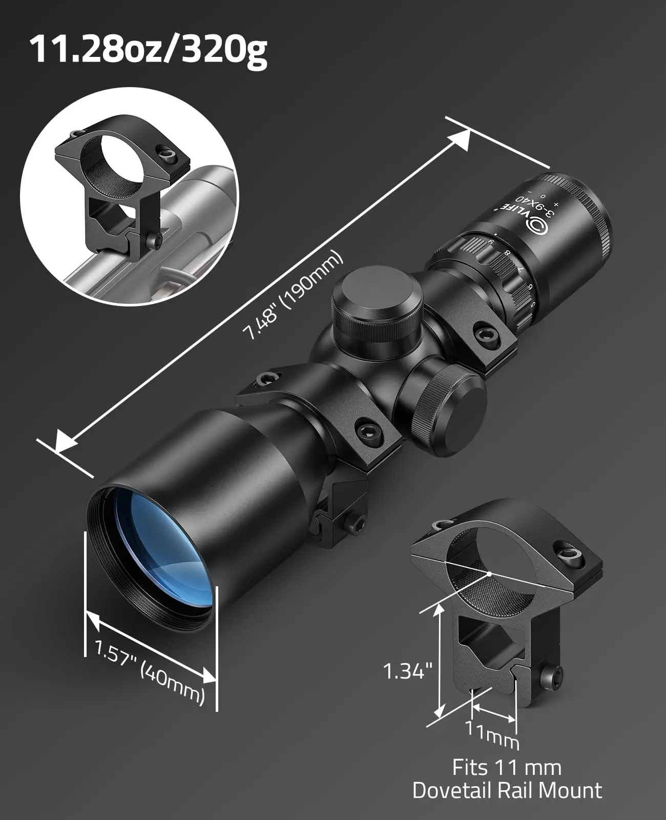 

MidTen 3-9x40 Compact Rifle Scope Crosshair Reticle with Mounts for Quick Aiming 11mm Dovetail