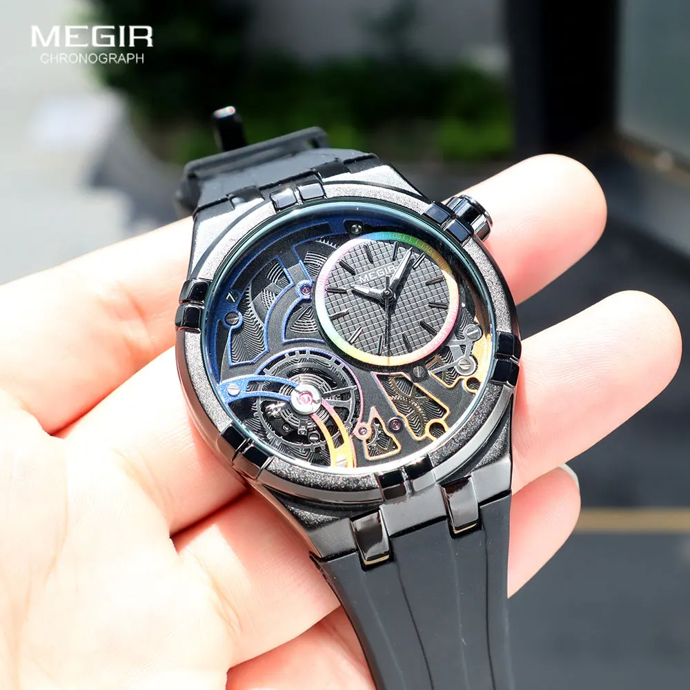 MEGIR Military Sport Quartz Watch for Men Fashion Black Silicone Strap Waterproof Wristwatch with Luminous Hands MN8111G