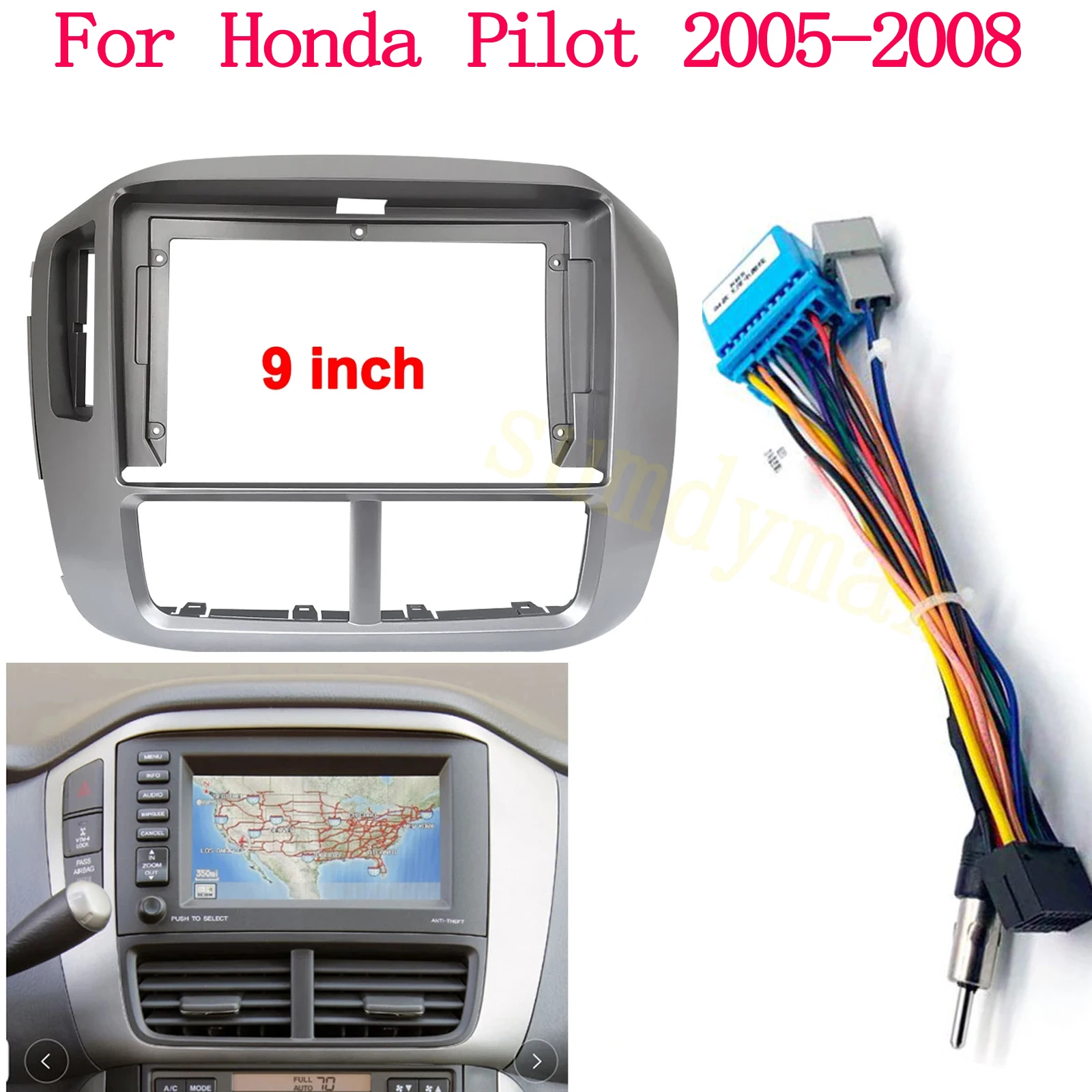 Fascia per autoradio da 9 pollici per Honda Pilot 2005 2006 2007 2008 Dash Trim Kit Frame Panel Head Unit Car Refitting con cavo