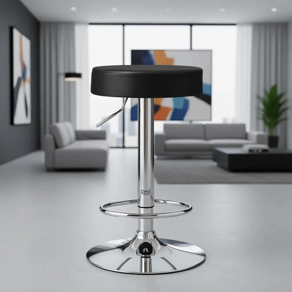 

Барный стул, круглый, с поворотным механизмом и спинкой, из искусственной кожи, с регулировкой высоты, хромированной подставкой для ног, прочным металлическим основанием.