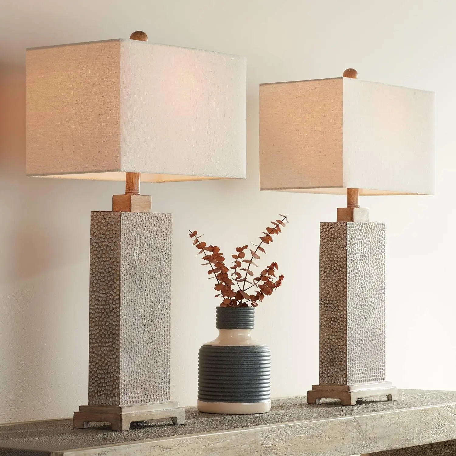 Pair Farmhouse Rustic Table Lamps Hammered Base 26 3/4 Inch Height Set Of Two