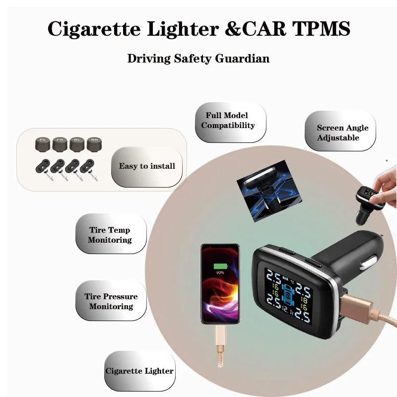 

Screen Angle Adjustable Mini Cigarette Lighter Automotive Wireless Tire Pressure Monitoring System Car TPMS Temp Detection