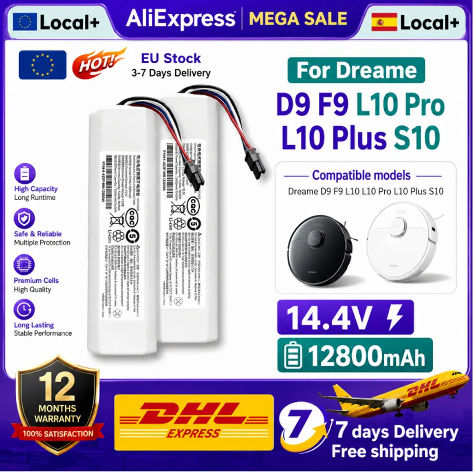 Almacén UE Batería De Ion Litio 14.4V 12800mAh Repuesto Para Robot Aspirador Dreame D9 Pro D9 MAX D10s L10s Ultra Accesorios Envío Local