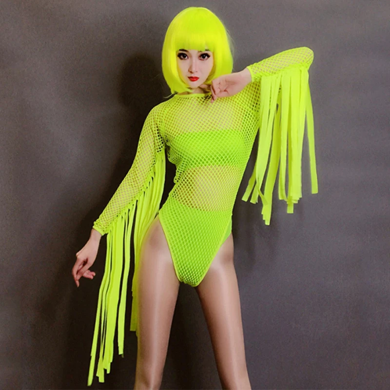 Fluorescent Green Net Bodysuit Exaggerated Long Tassel Gogo Dance Costume Pole Dance Singer Clothes Women Dj Stage Wear DNV16538