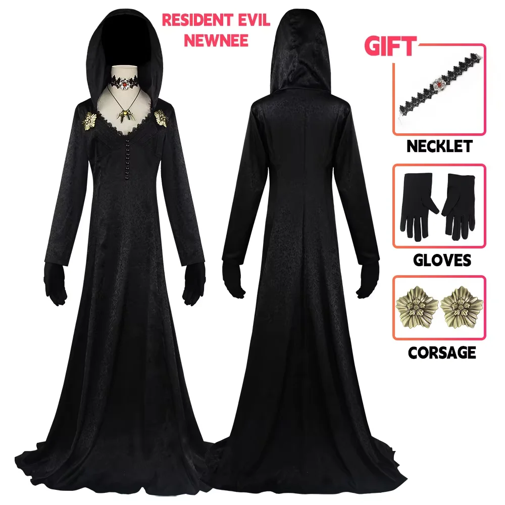Auf Lager: Moth Lady Evil Cosplay Fantasia Village Vampir-Dame Dimitrescu Kostüm Damen Schwarzes Kleid Halloween Karneval Party-Anzug