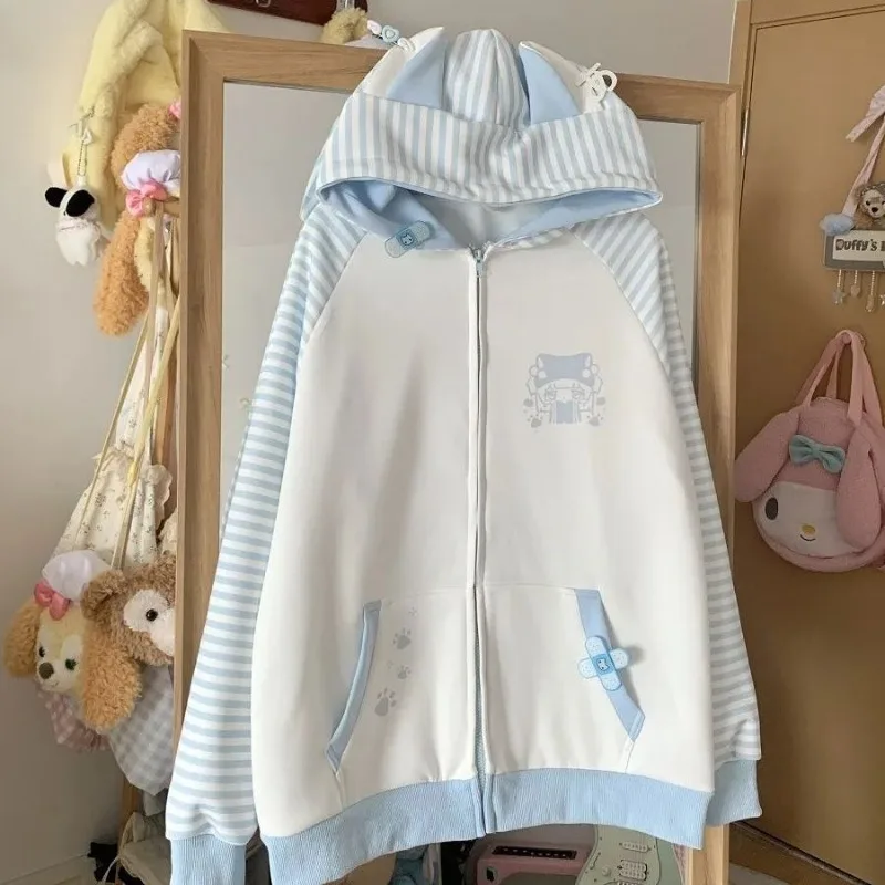 Deeptown Y2k Kawaii Cartoon Print Zip Up Women Striped Hoodies Harajuku Japanese Fashion Hooded Sweatshirts Loose Cute New Top