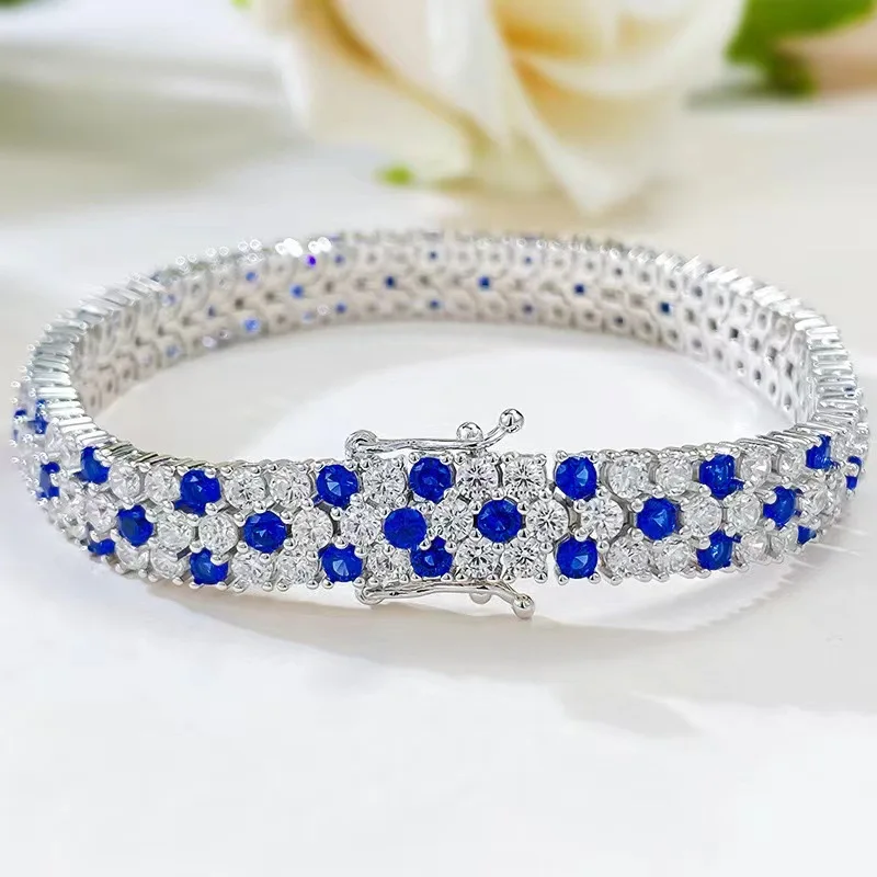 

2024 New S925 Pure Silver Bracelet Luxury Set Royal Blue Full Diamond Fashion Celebrity Style Bracelet, Small and Popular