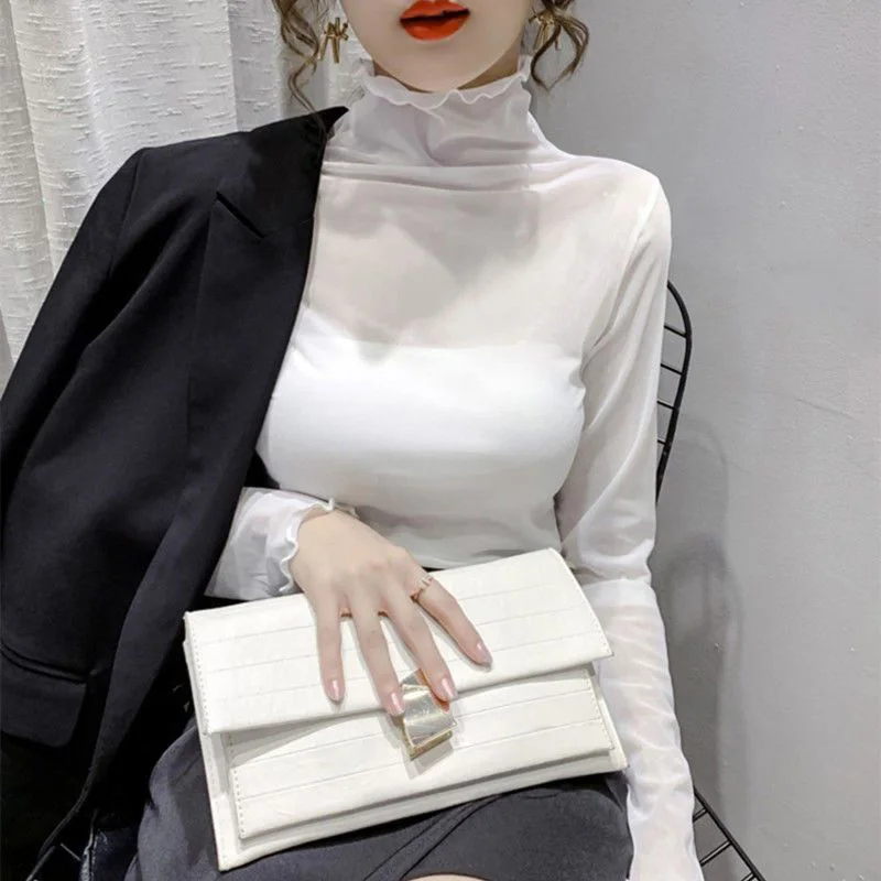 Turtleneck Mesh Women Spring Summer Long Sleeve See-Through Tulle Bottom Shirt Fashion High Street Black Lace Sexy Harajuku Tops