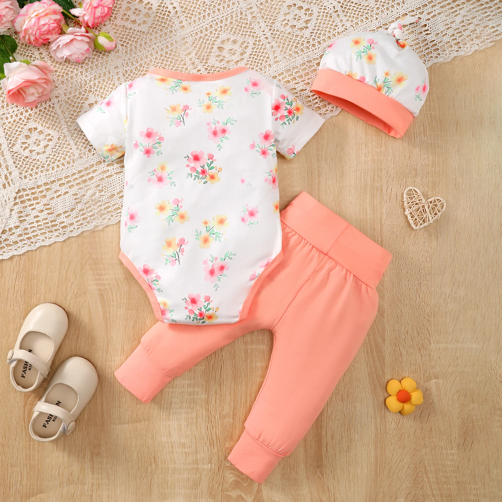 Baby Girl 3Pcs Set Crew Neck Short Sleeve Elephant Print Top Butterfly Decor Solid Pants Hat Spring Summer Outfit