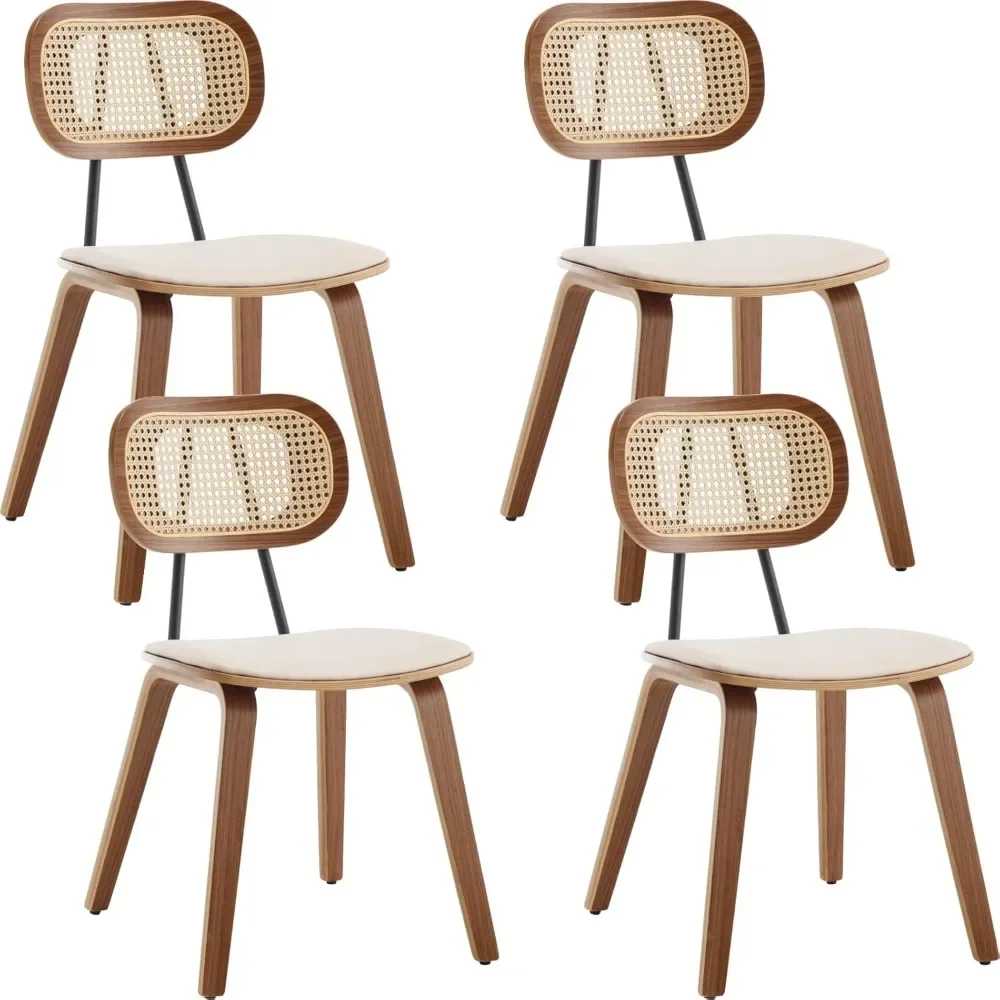 Jídelní židle sada z 4 s ratanové opěradlo, dřevěný nohama, PU kůže armless cizozemský strana chairs, mid-century jídelní židle