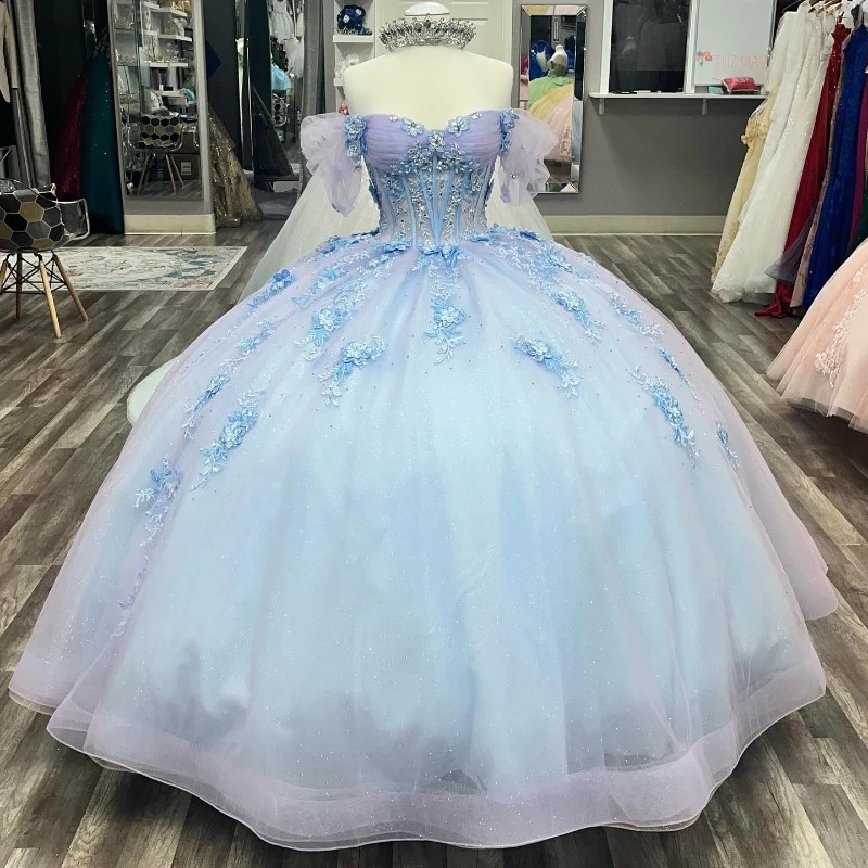 

Sky Blue Quinceanera Dresses 2024 Sweet 15 16 Birthday Party Gown Vestidos Para XV Off Shoulder Applique Princess Pageant Miss