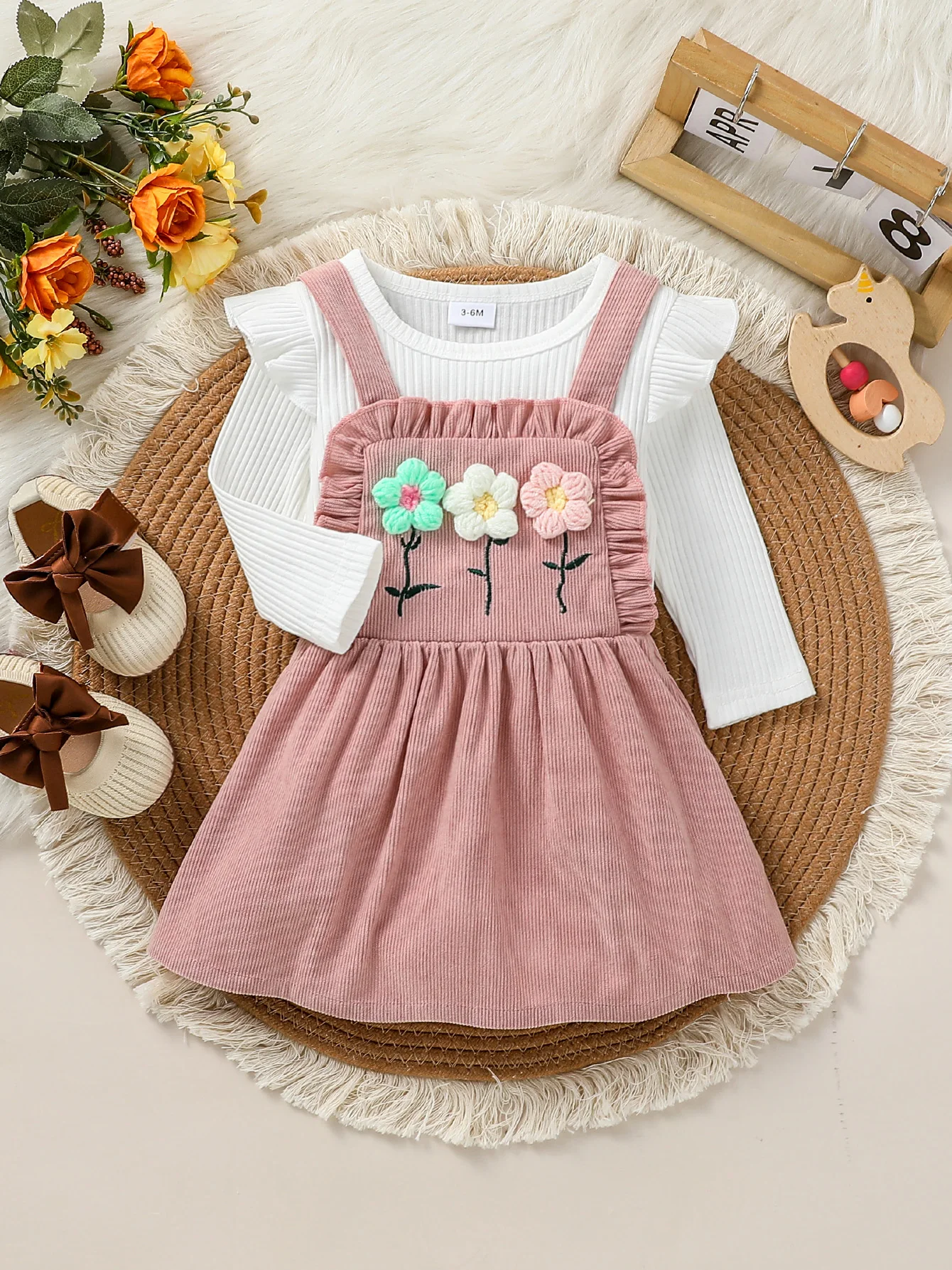 2Pcs Baby Girls Spring/ Autumn Long Sleeve Skirt Set With Floral Outfits For Preppy Style  Clothing