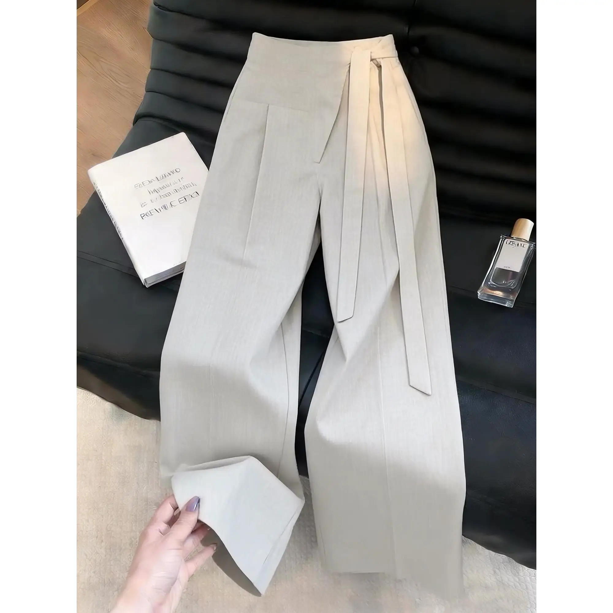 Gray High Waist Wide Leg Pants Women's Summer 2026 Minimalist Style Slimming Hip Covering Commute Fashion Casual Pants