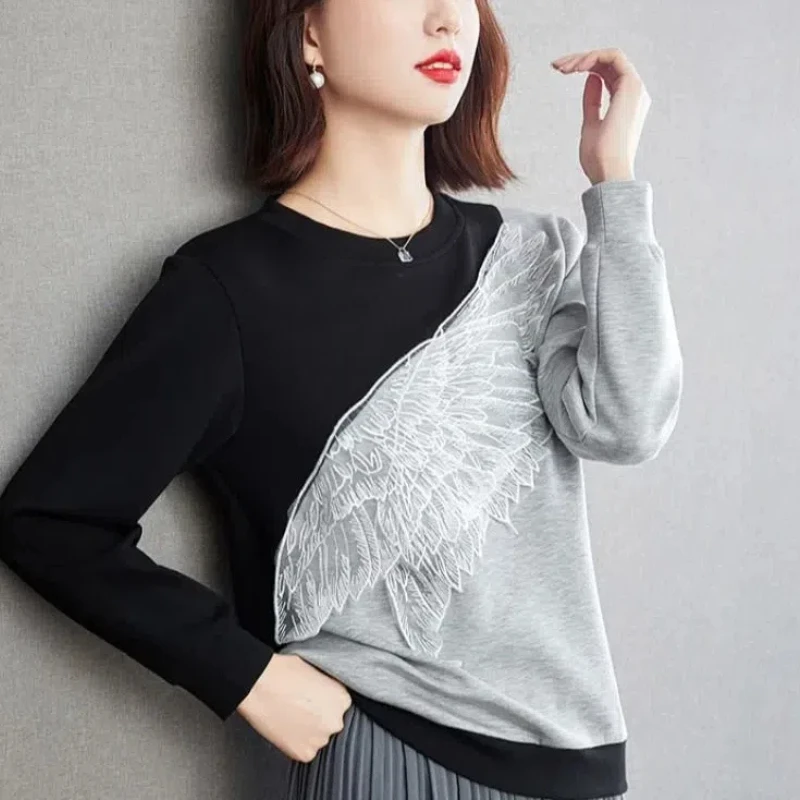 Korean Embroidered Lace Loose Women\'s 2024 Spring Autumn New Spliced Pullover O-Neck Minimalist Casual Long Sleeve Sweatshirts