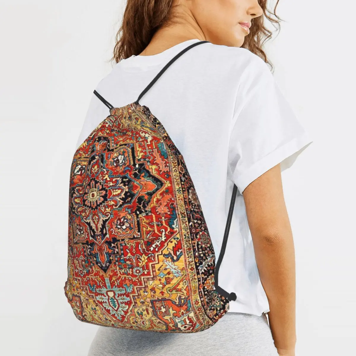 Heriz Persian Carpet Print Backpacks Portable Drawstring Bags Sports Bag Book Bags for Man Woman Students