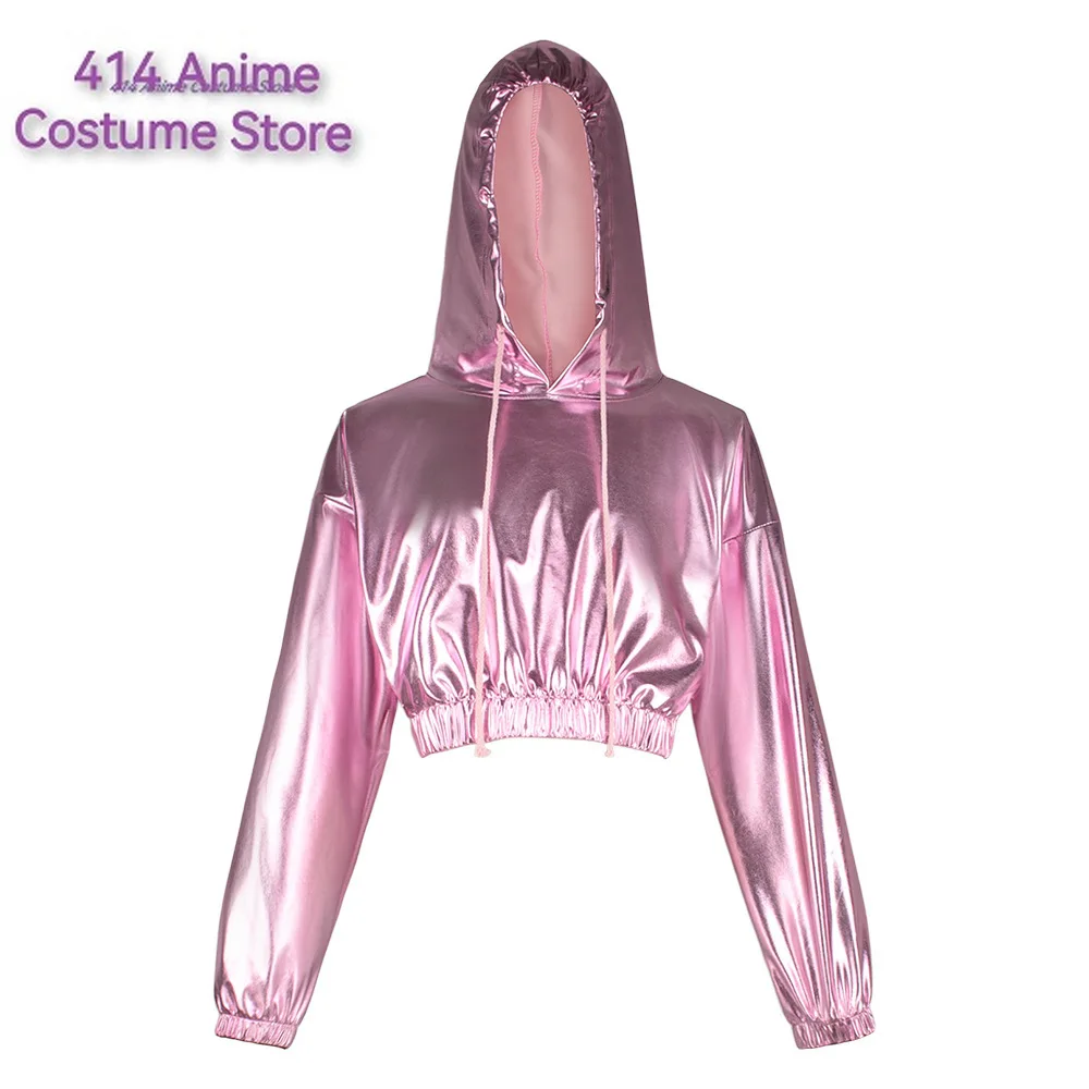 Sexy Cropped Holographic Hoodies Women Shiny PU Metallic Hoody Sweatshirt Pants Drawstring Pullovers Streetwear Cosplay Costume