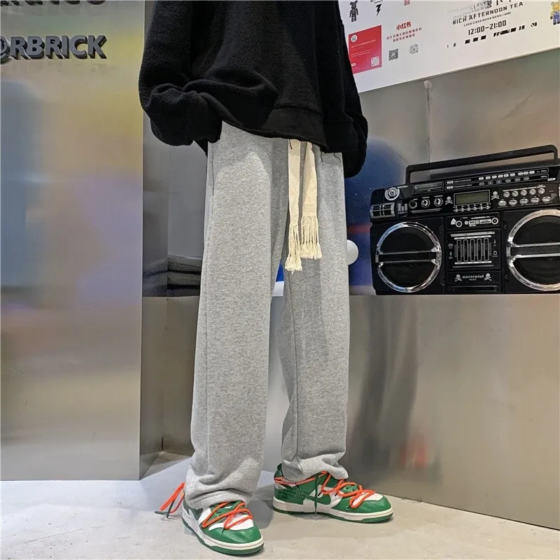 

Trendy Men's Dstring Sweatpants Loose Straight Leg Floor-Length Spring Summer Student Versatile Hong Kong Sle Wide Leg S...