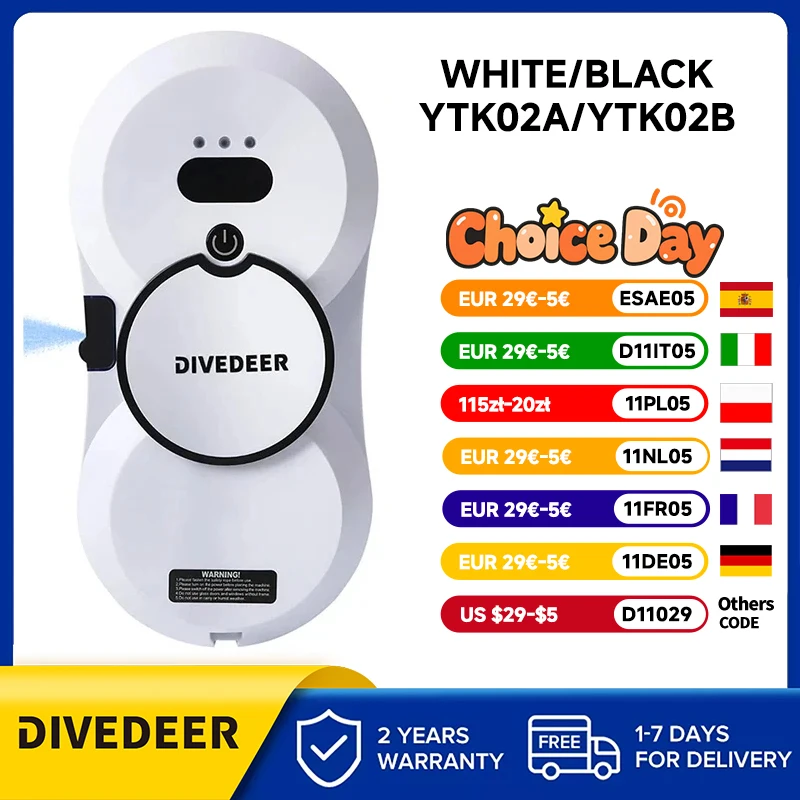 DIVEDEER Robot de nettoyage de vitres automatique blanc/noir avec lingette intelligente et jet d'eau unique pour fenêtres de grande surface de grande hauteur