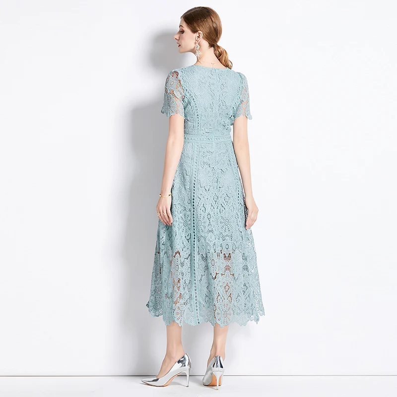 Vintage Dress Women 2024 O-Neck Lace Summer Dress New Lotus Leaf Sleeves Long Dresses for Women Fashion Elegant Female Clothing