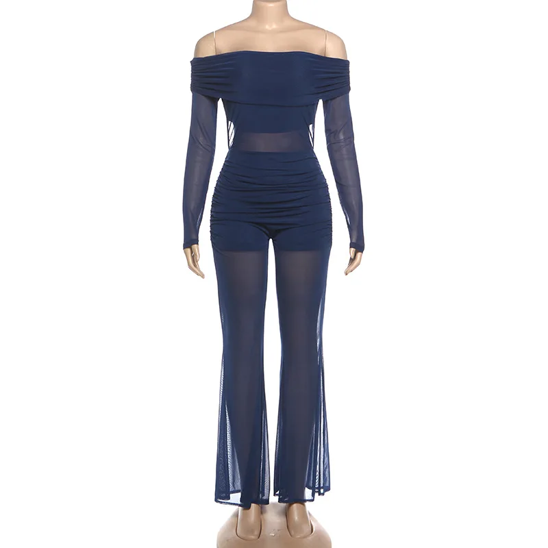 Ruched See Through Mesh Slim Flare Jumpsuits Women Sexy Slash Neck Off Shoulder Long Sleeve Backless Booty Lifting Club Overalls