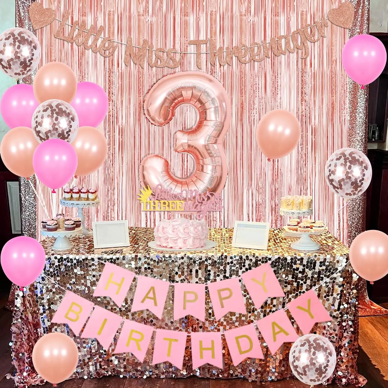 Little Miss Threenager Birthday Decor Happy 3rd Birthday Decor Sash Garland Crown Balloon Cake Topper Foil Fringe Curtain