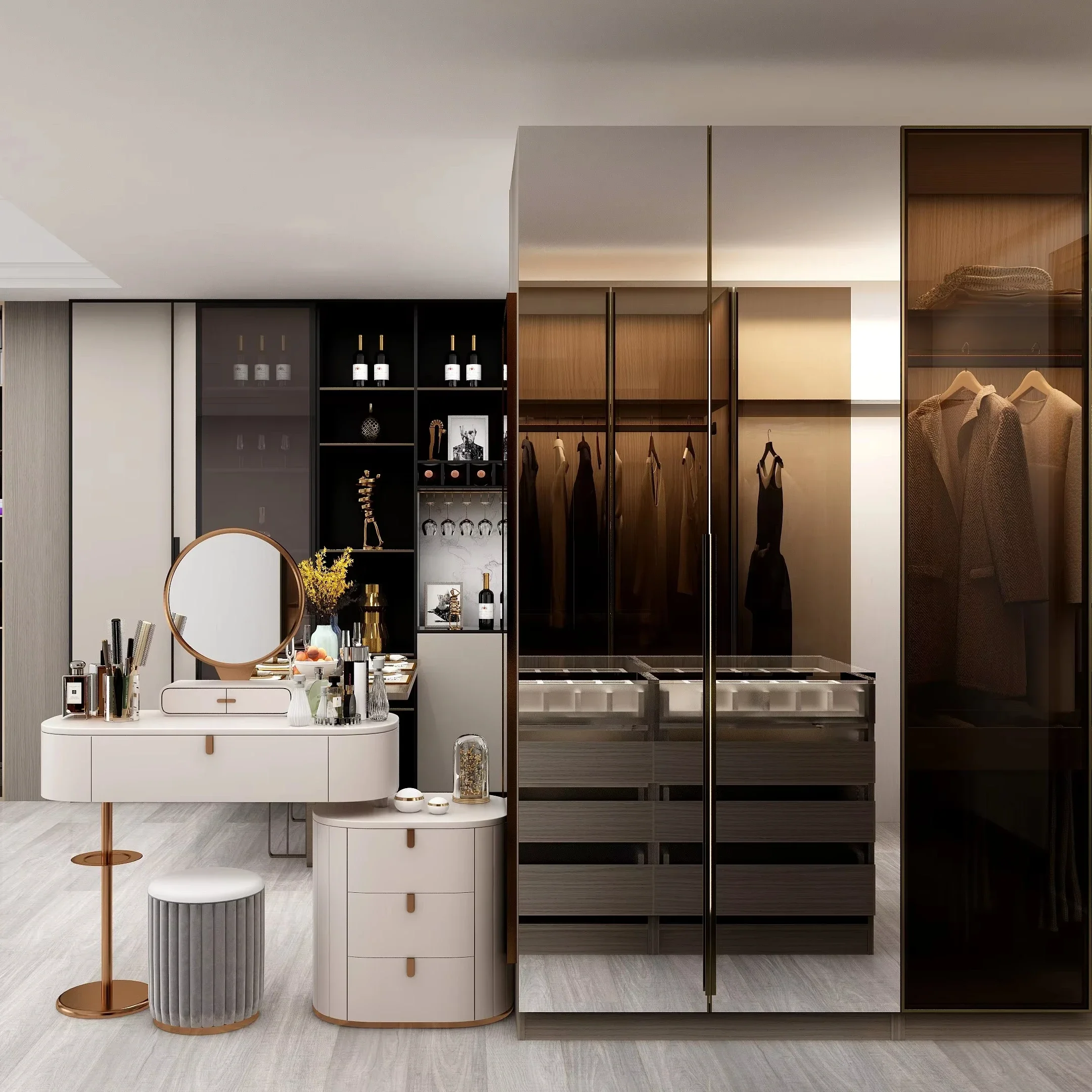 Luxury Custom Bedroom Closet Mirrors and Glass Doors Combination Wardrobe Modern Designs Wardrobe Cabinets