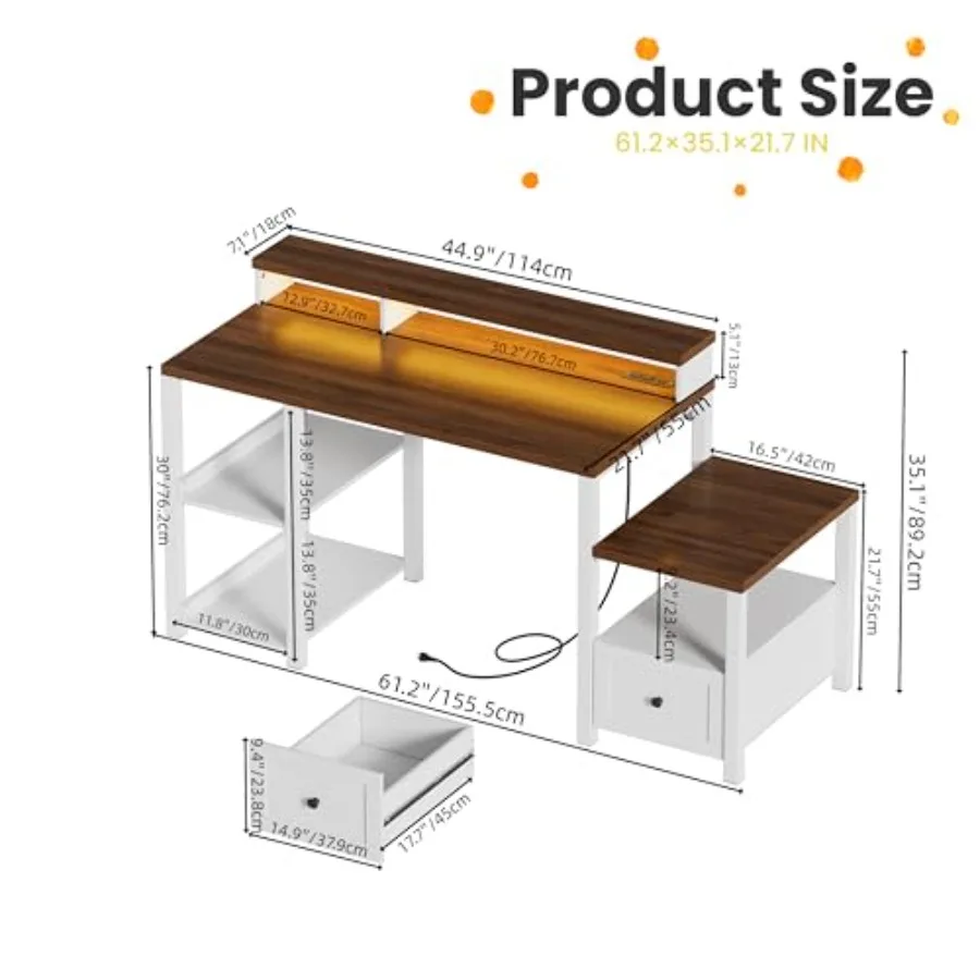 مكتب كمبيوتر مقاس 61.2 بوصة مع مكاتب طاقة للدرج ومكاتب مكتب مريحة للمزرعة مع حامل شاشة طويل وطاولة حاسوب خشبية #2