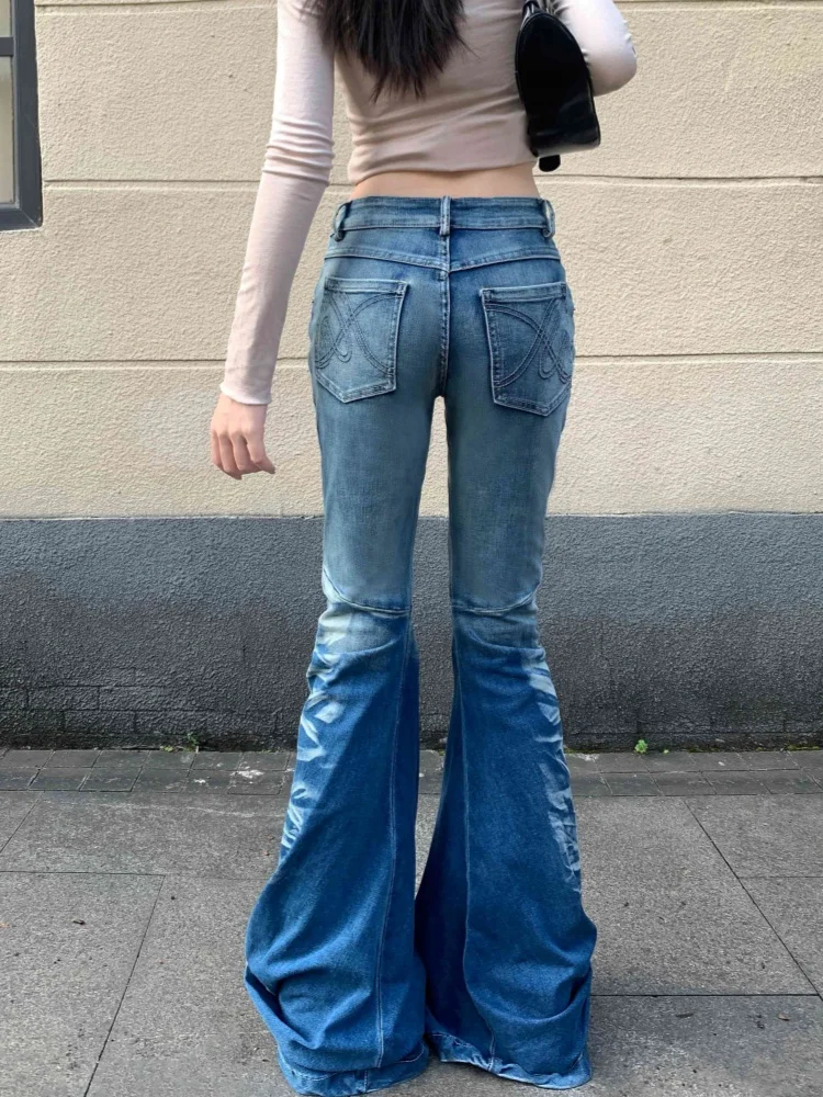 2025 American Retro Y2K Fashion Washed Blue Slim Women's Flared Jeans Pants Woman Clothing Punk Gothic Denim Trousers Ropa Mujer