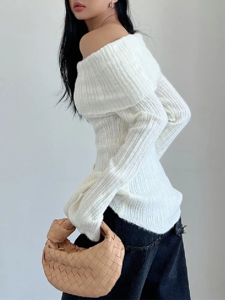 Sexy Women Off Shoulder Knit Slash Collar Sweater Open Buttons Front Slit Slim Knitwear Full Sleeve Jumper Knitwear Tops White