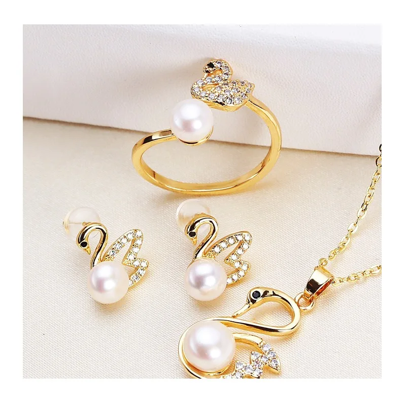 

Jewelry Pearl Set Pendant Ring Antlers Freshwater Pearl Stud Earrings Necklace Three-piece Women's Set