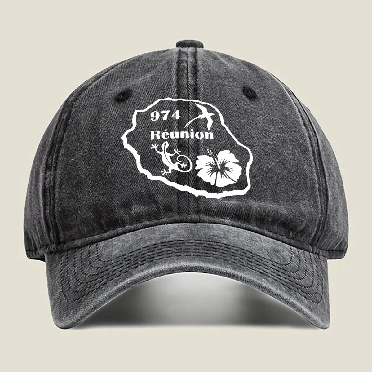 

1974 Réunion Island Retro - Styled Badge with Lizard and Flower Washed Baseball Cap