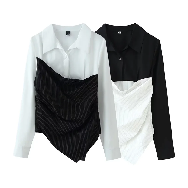 

Summer Women's Striped Patchwork Long Sleeved Lapel Shirts Top 2026 New Fashionable Casual Blouses Elegant Women's Shirt