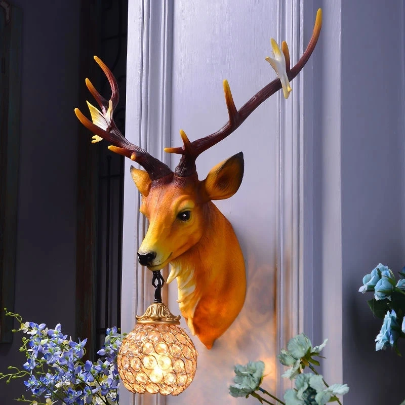 Vintage Resin Deer Head Wall Lamp Nordic luster LED Antler Wall Lamp Living Room Bedroom Corridor Home Decor Wall Lights Fixture