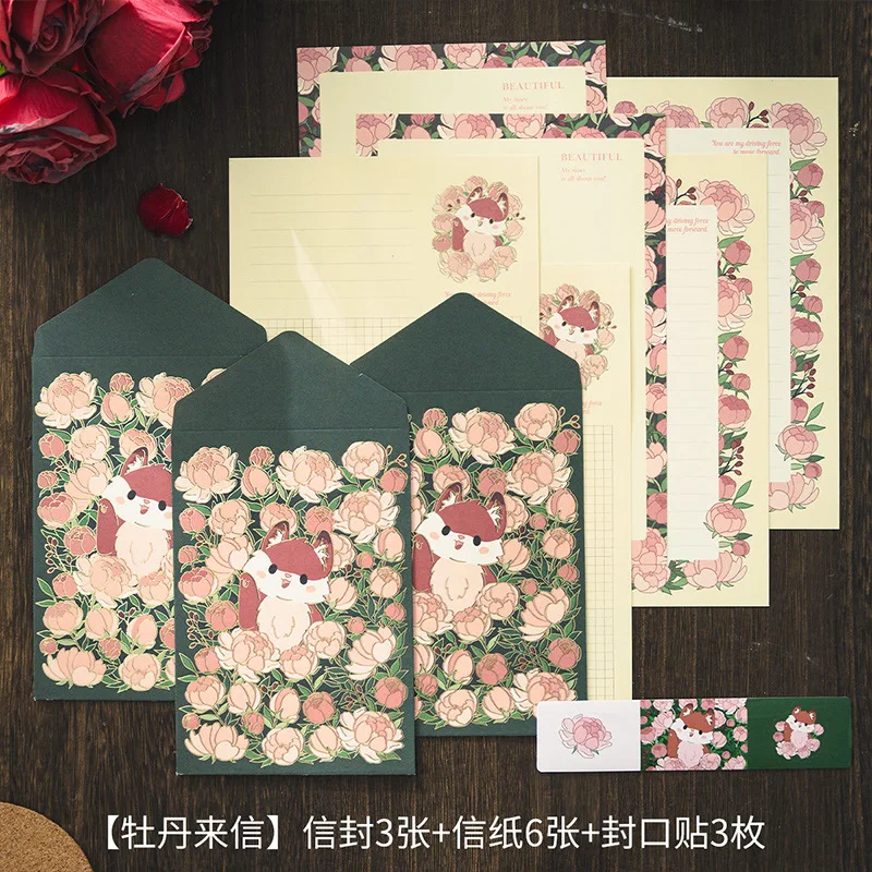 9Pcs Korean Cute Bear Rabbit Envelope Writing Paper Set
