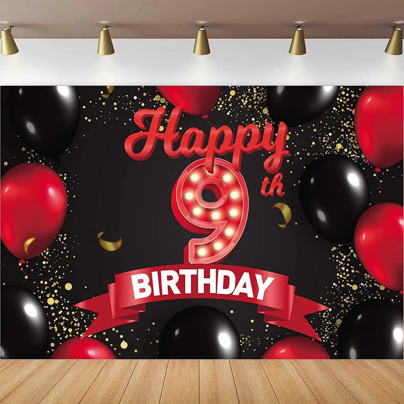 Red And Black Banner Photography Backdrop Balloons Decor Poster For  9th 9 Years Old Birthday Party Decoration Background Banner