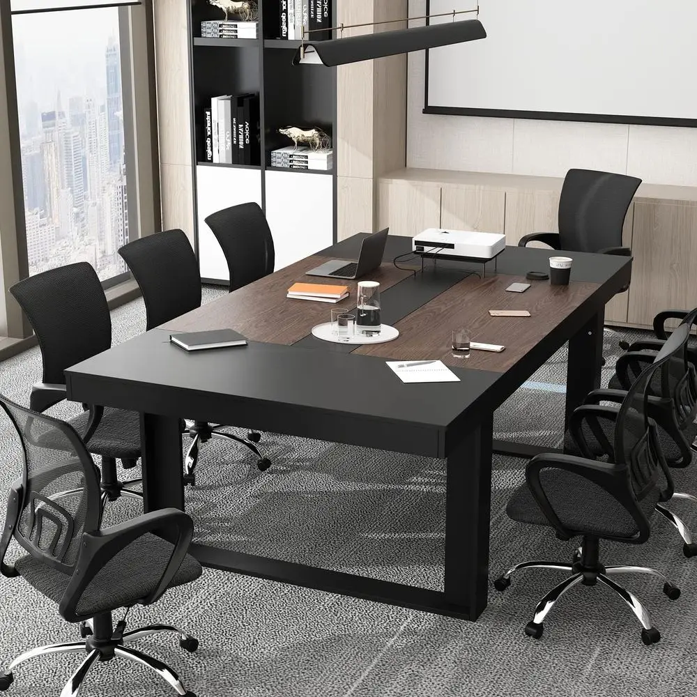 

Large 8-Person Meeting Table, Rectangular Conference Room Furniture, Black & Deep Brown (86.8L x 47.2W x 29.4H)