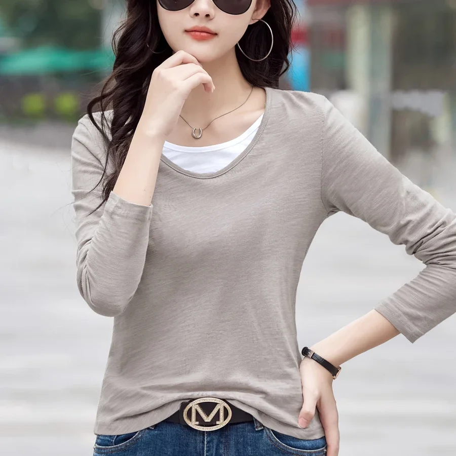 Faux Two‑Piece Long Sleeve Tee 2026 Autumn Winter Pure Cotton V‑Neck Women T‑Shirt Fashion Figure‑Flattering Casual Tops ﻿ ﻿