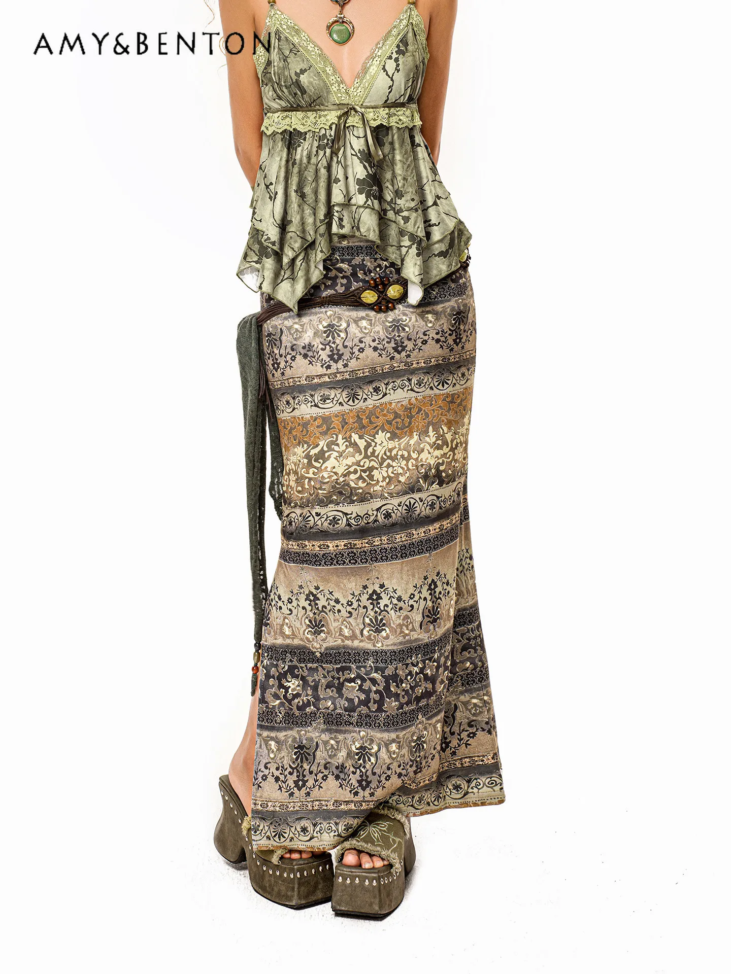 

2026 Summer New Ethnic Print High Waist Maxi Skirt Women Thai Style Y2K Sexy Side Slit A Line Long Skirt Streetwear