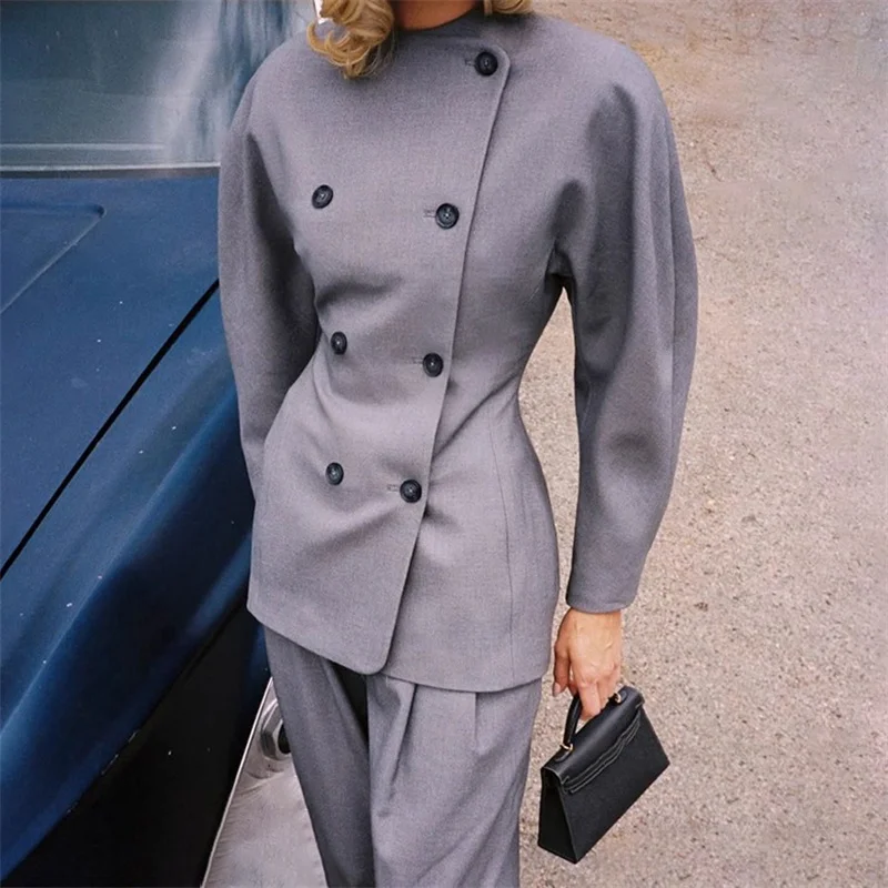 سترة نسائية شتاء جديد 2025 مزدوجة الصدر بقصة ضيقة وأكمام طويلة مزيج الصوف بدلة نسائية سترة ملابس خارجية معطف نسائي