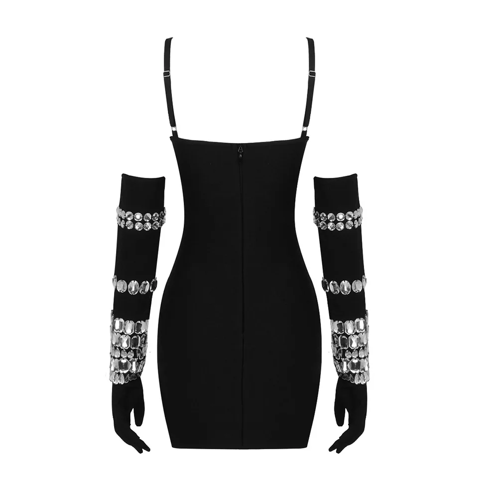 2023 New Summer Women Black Color Sleeveless Off-The-Shoulder Beading Sexy Spaghetti Strap Mini Evening Party Bodycon Jumpsuit