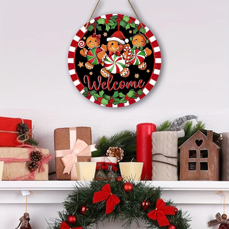 2D Wooden Merry Christmas Gingerbread Man Round Hanging Sign Wall Or Door Decoration Outdoor Courtyard Ornaments