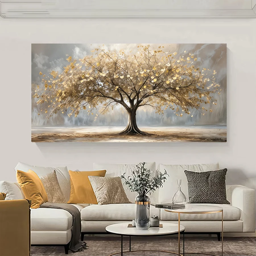 Elegant Tree of Life with Gold Leaves Canvas Wall arts, No Framed Autumn Landscape Print Posters, Gold and Beige, Home Decor