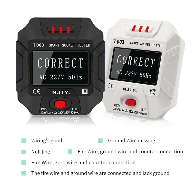 NJTY T003 Socket Tester Digital Voltage Test Socket Detector EU Plug Ground Zero Line Plug Polarity Phase Check