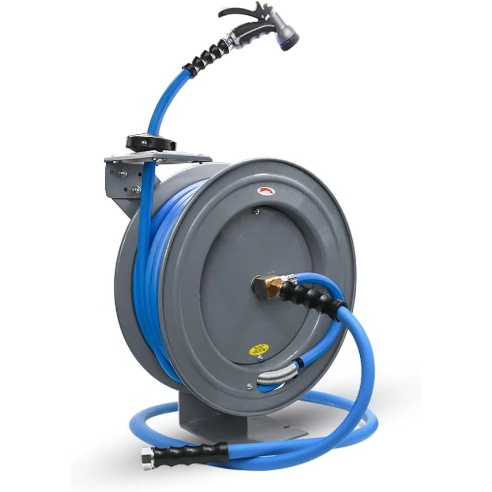 

Auto Retractable Water Hose Reel with Hot & Cold Water Rubber Garden Hose, Spray Nozzle - Ultra Light, Super Strong with