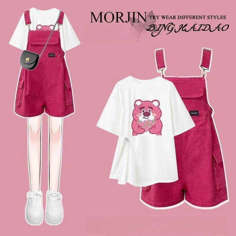 Miniso Suits Strawberry Bear Girl Women Fashion Denim Suspender Pants Hollow Cotton Short Sleeve T-shirts Unique Summer Clothes