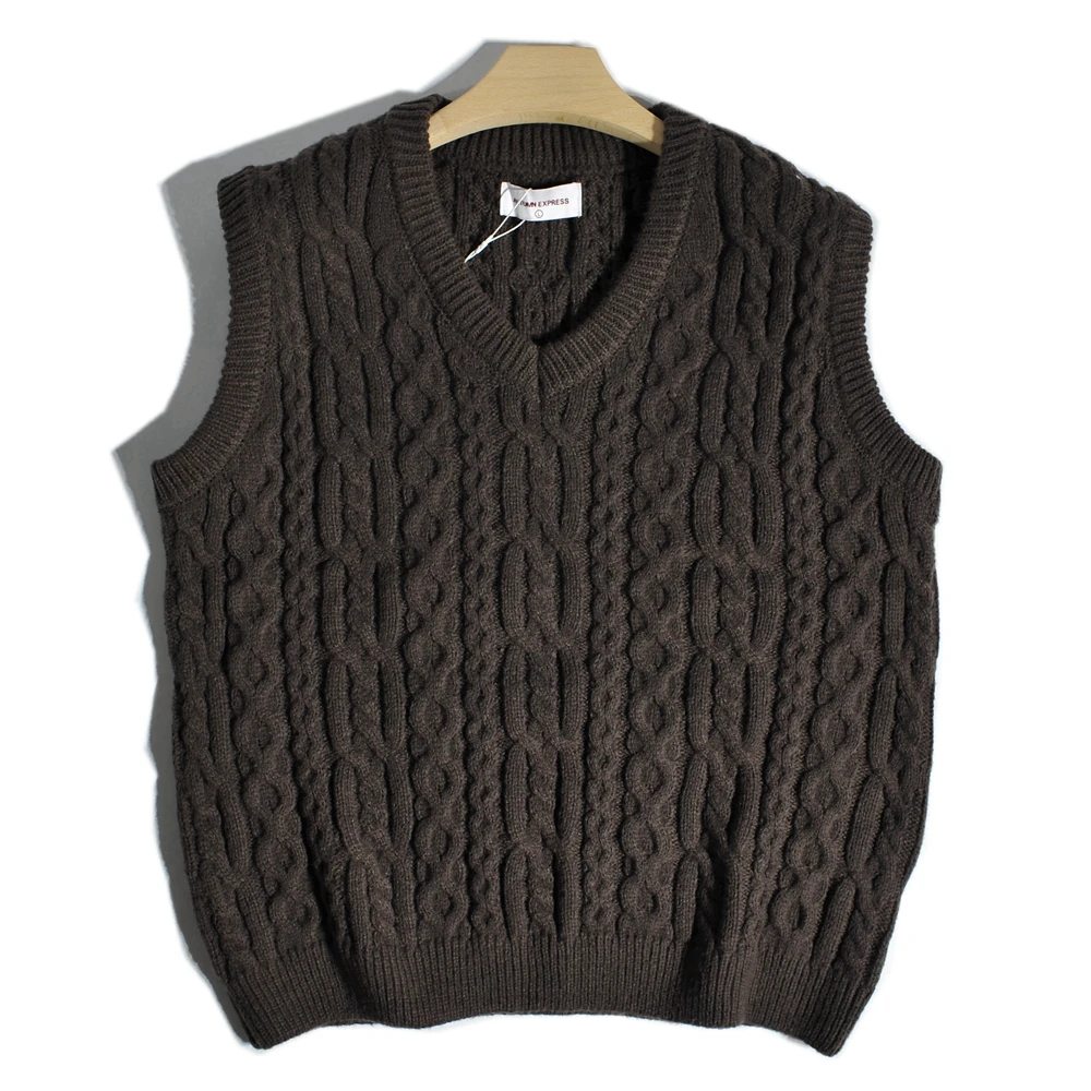 Heavyweight American Vintage Maillard Fried Dough Twists Jacquard Knitwear V-neck Sweaters Autumn Winter Men Casual Warm Vest