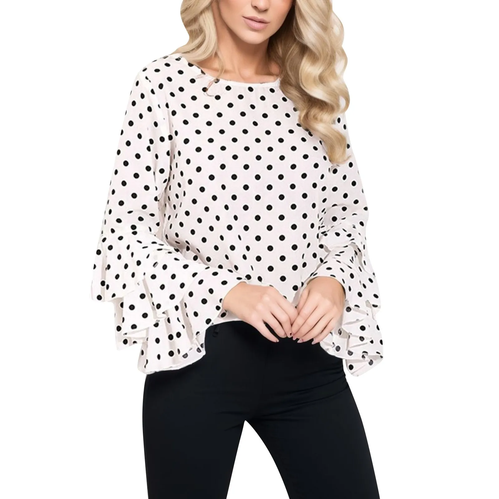 Women New All-Match Polka Dot Shirts Spring Summer Fashion O Neck Long Sleeve Blouse Femininas Casual Tops Plus Size Elegant