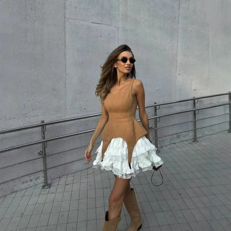 

Puffy Strap Dress 2025 Spring European and American Street Style Design Patchwork Color-Block Cute Cake Dress Short Skirt